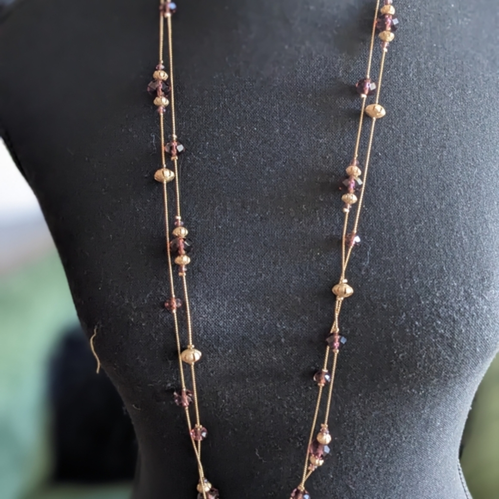 Charming Charlie Gold and Purple Double Strand Beaded Statement Necklace